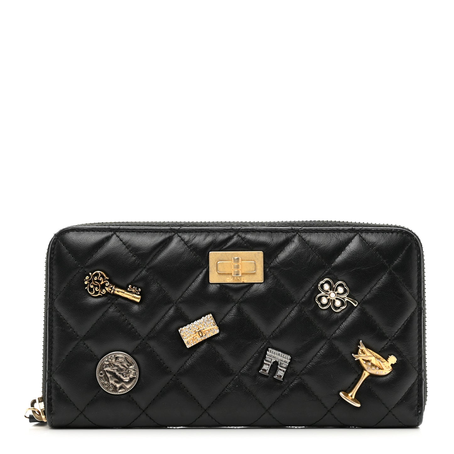 Aged Calfskin Quilted Lucky Charms 2.55 Reissue Zip Around Wallet Black
