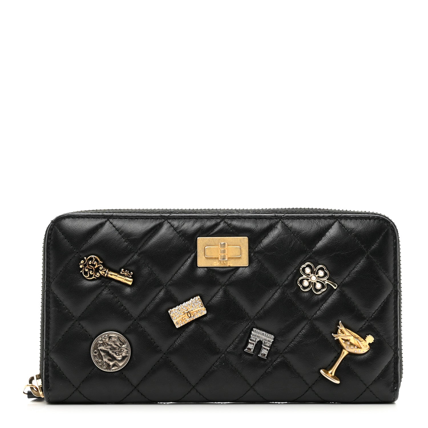 Chanel Aged Calfskin Quilted Lucky Charms 2.55 Reissue Zip Around Wallet Black 1 of 9