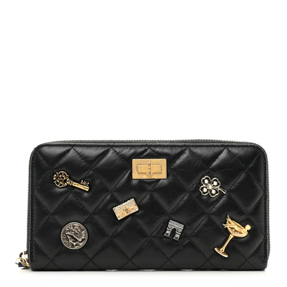 Chanel Aged Calfskin Quilted Lucky Charms 2.55 Reissue Zip Around Wallet Black 1 of 9