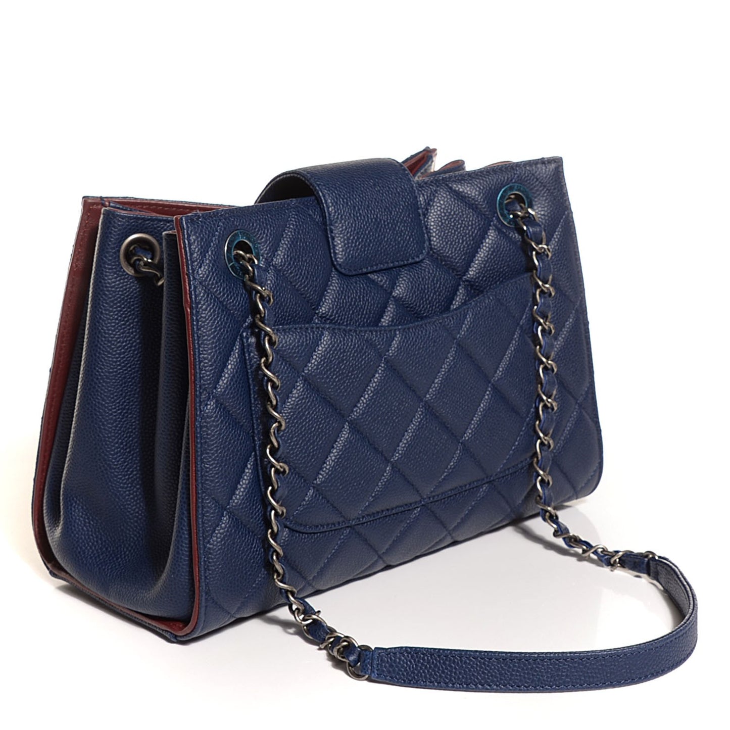 Grained Calfskin Quilted CC Accordion Small Tote Blue