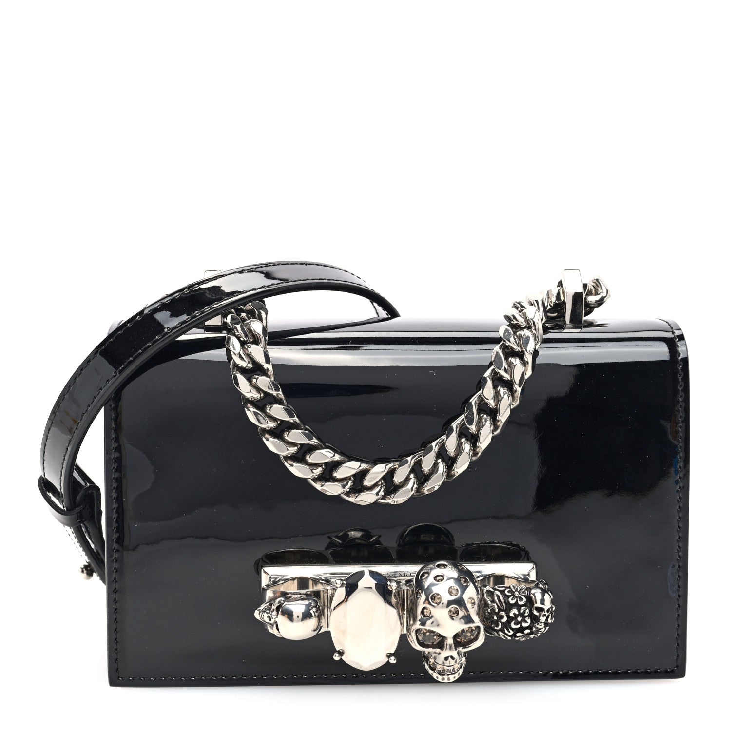 Alexander McQueen Patent Mini Jeweled Knuckle Satchel Black 1 of 10