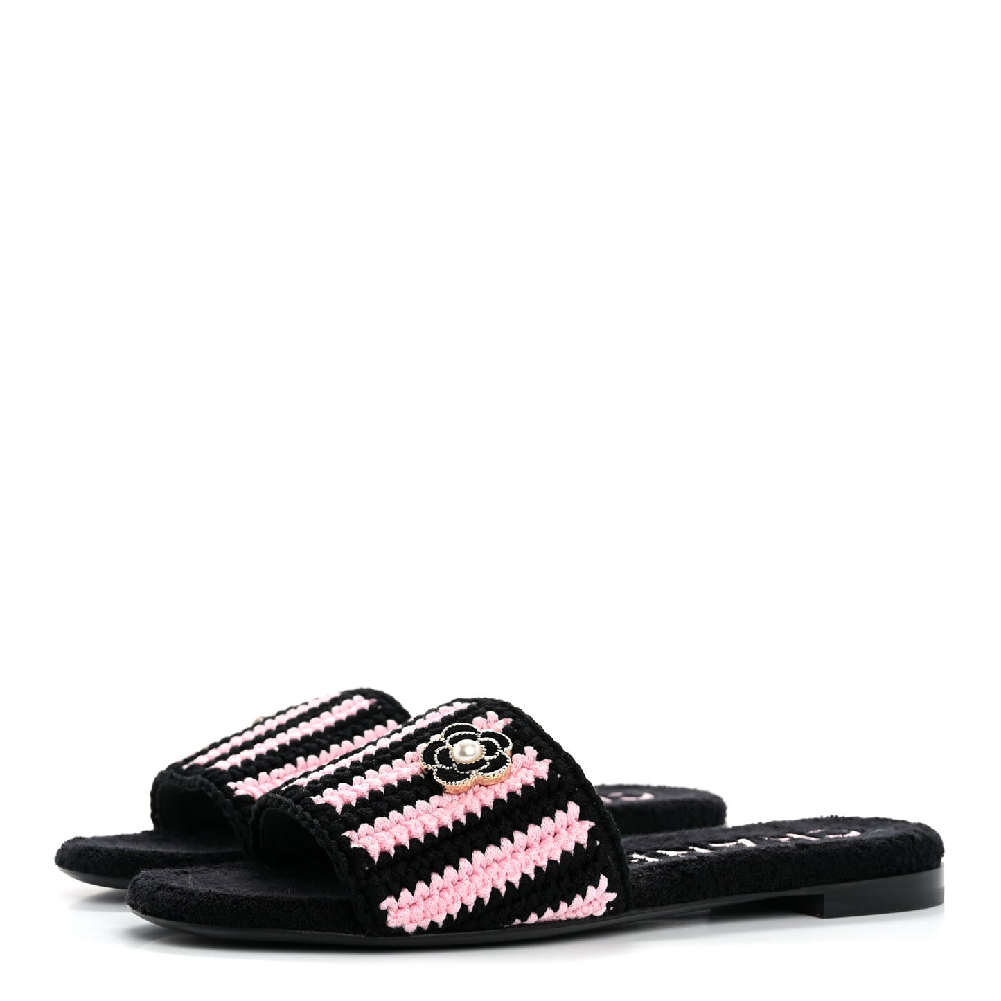 Crochet Striped Enamel Camellia Mules Sandals 36.5 Pink Black