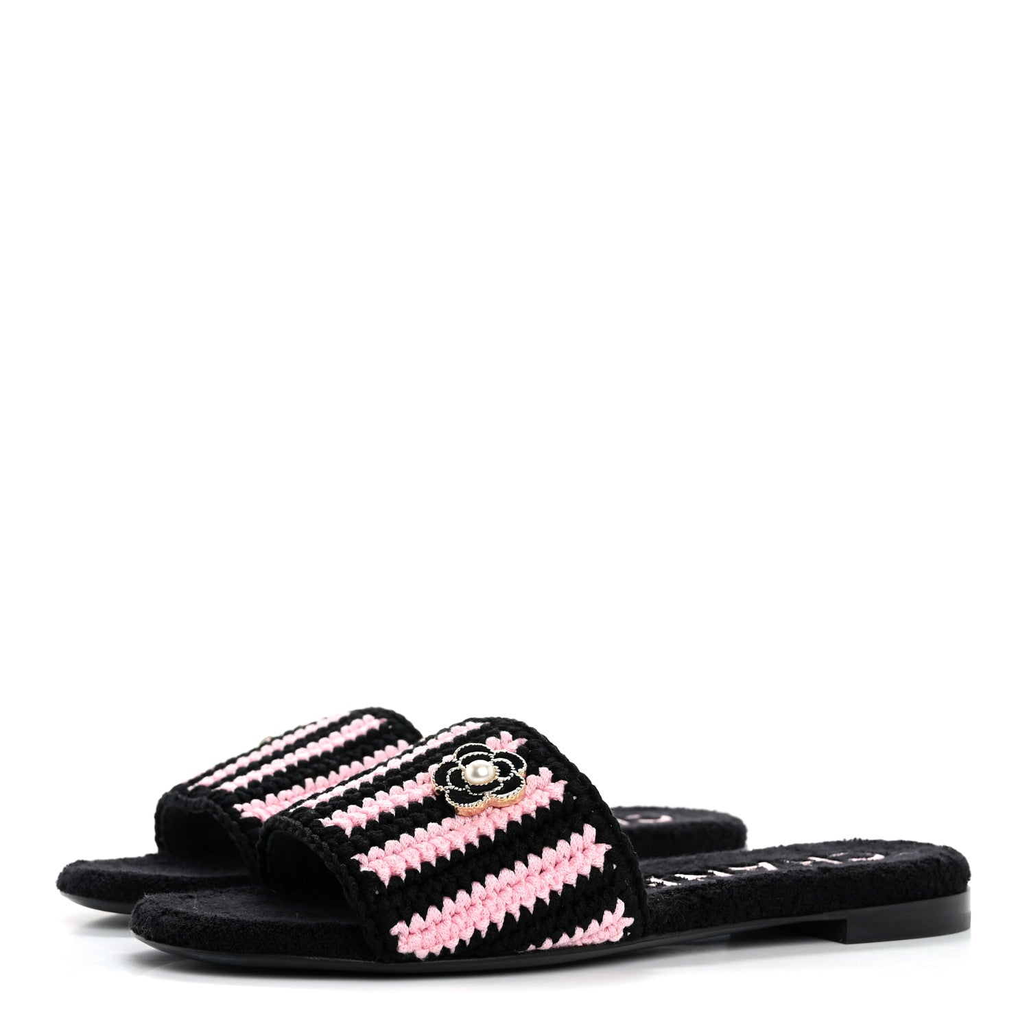 Chanel Crochet Striped Enamel Camellia Mules Sandals 36.5 Pink Black 4 of 10