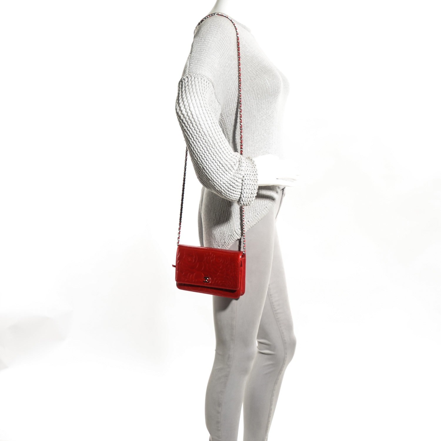 Chanel Patent Camellia Embossed Wallet on Chain WOC Rouge 2 of 8