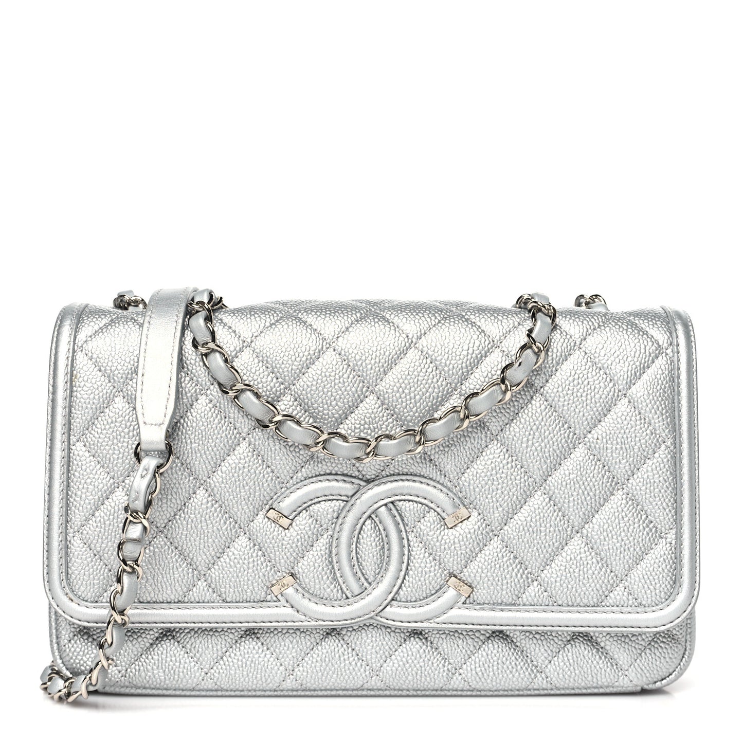 Metallic Caviar Quilted Medium CC Filigree Flap Silver