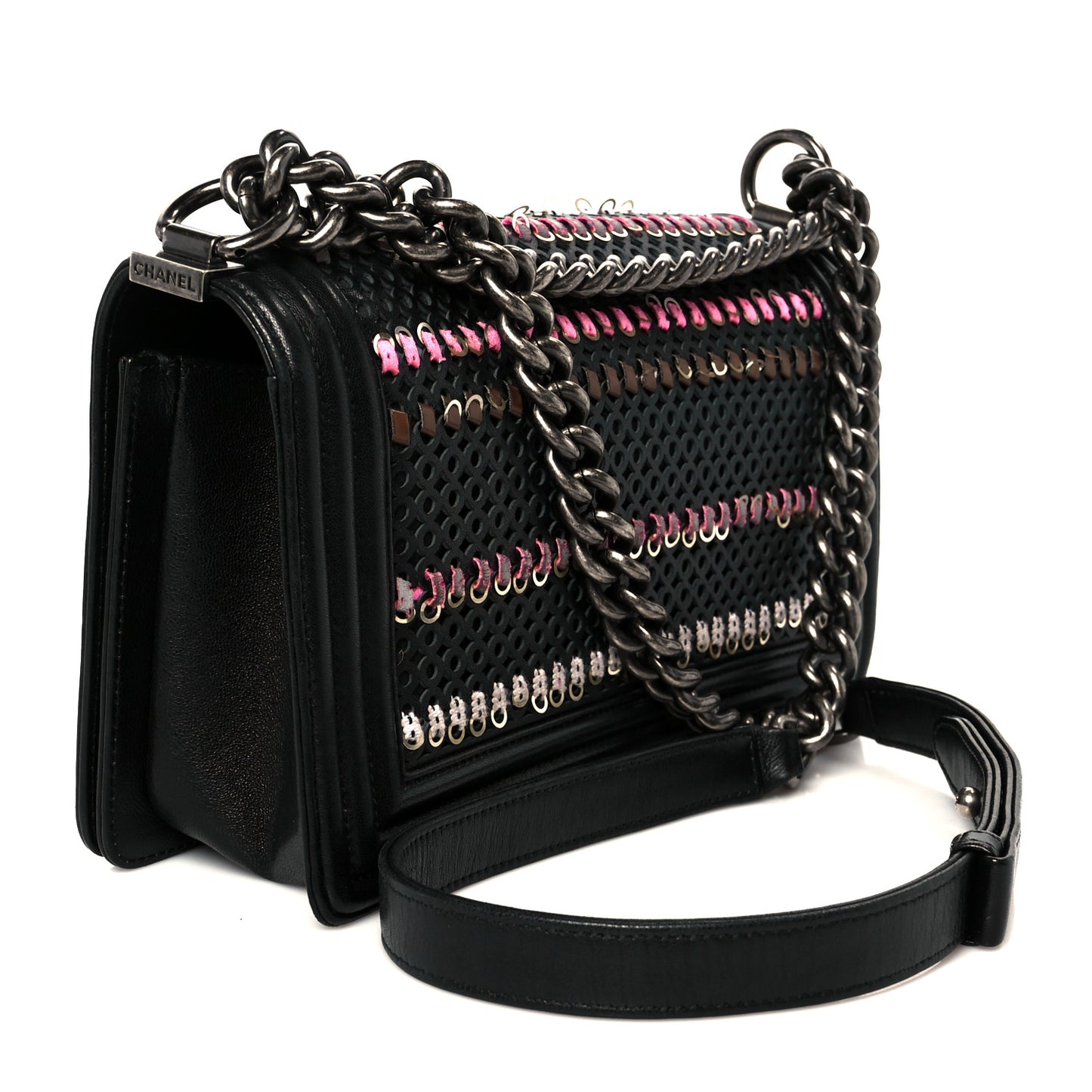 Lambskin Tweed Woven Medium Boy Flap Black