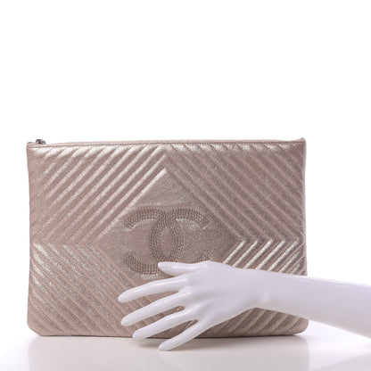 Chanel Metallic Crackled Goatskin Studded Chevron Quilted CC Large Zip Clutch Pink 2 of 7