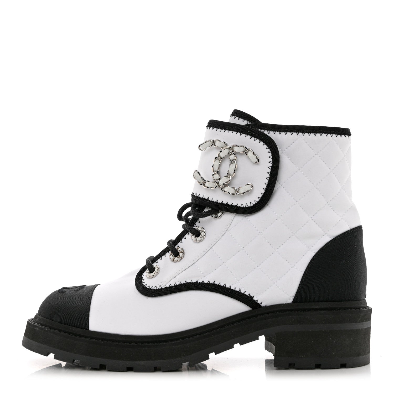 Chanel Fabric Grosgrain Quilted Cap Toe Lace Up Combat Boots 40 White Black 1 of 12