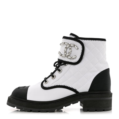 Chanel Fabric Grosgrain Quilted Cap Toe Lace Up Combat Boots 40 White Black 1 of 12