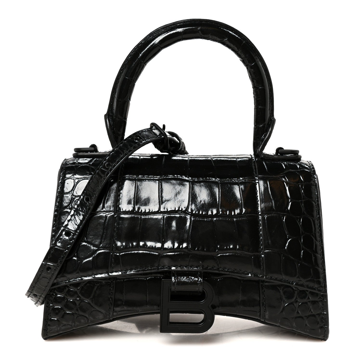 Balenciaga Shiny Calfskin Monochrome Crocodile Embossed Hourglass Top Handle Bag XS Black 1 of 11