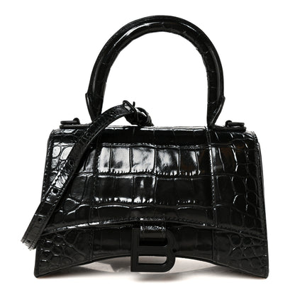 Balenciaga Shiny Calfskin Monochrome Crocodile Embossed Hourglass Top Handle Bag XS Black 1 of 11