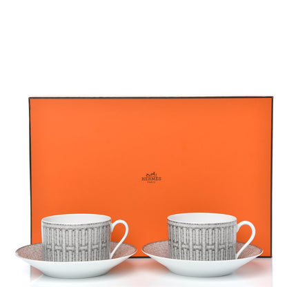 Hermes Porcelain Mosaique Au 24 Platine Tea Cup And Saucer Set Of 2 Platinum 5 of 5