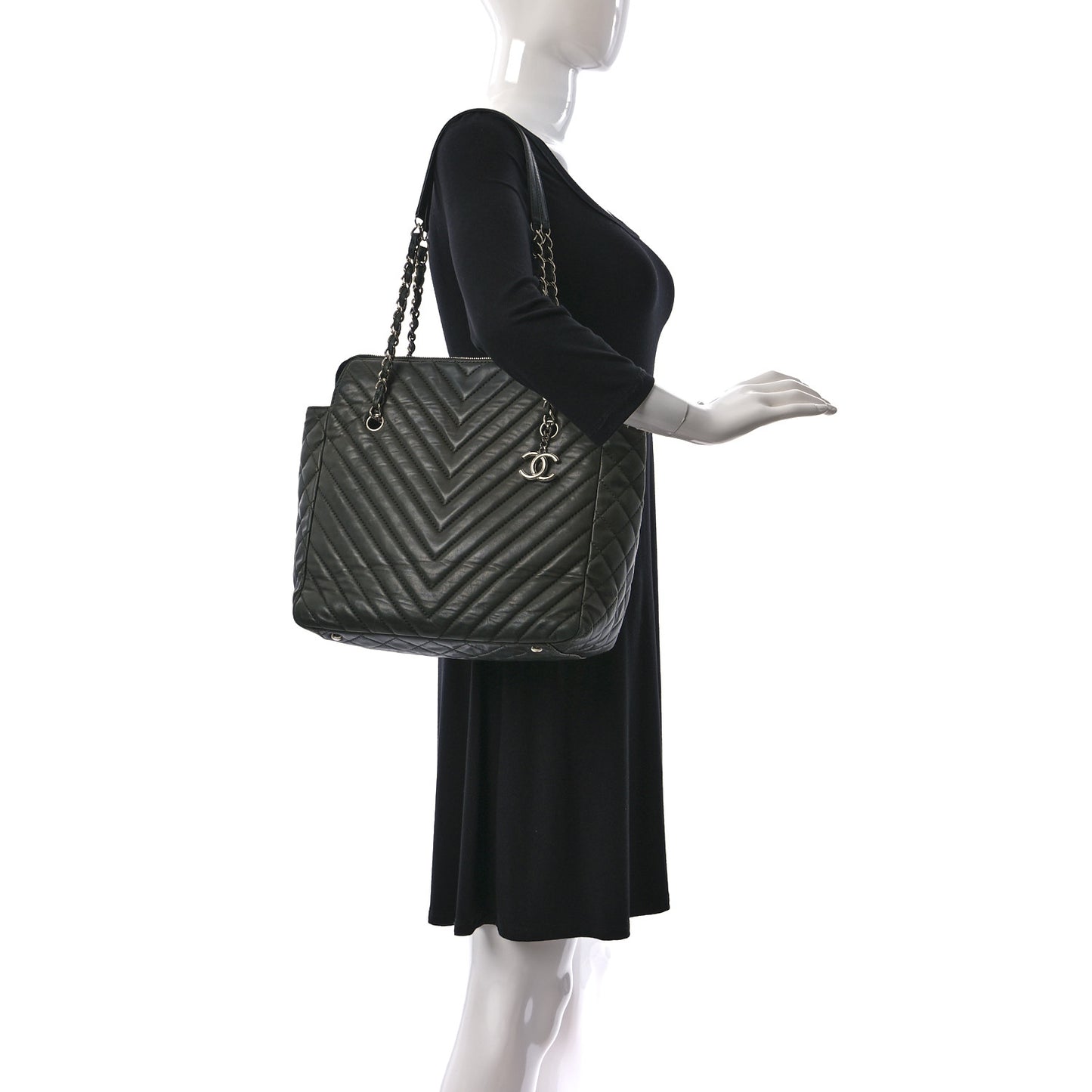 Iridescent Calfskin Chevron Quilted Surpique Tote Black