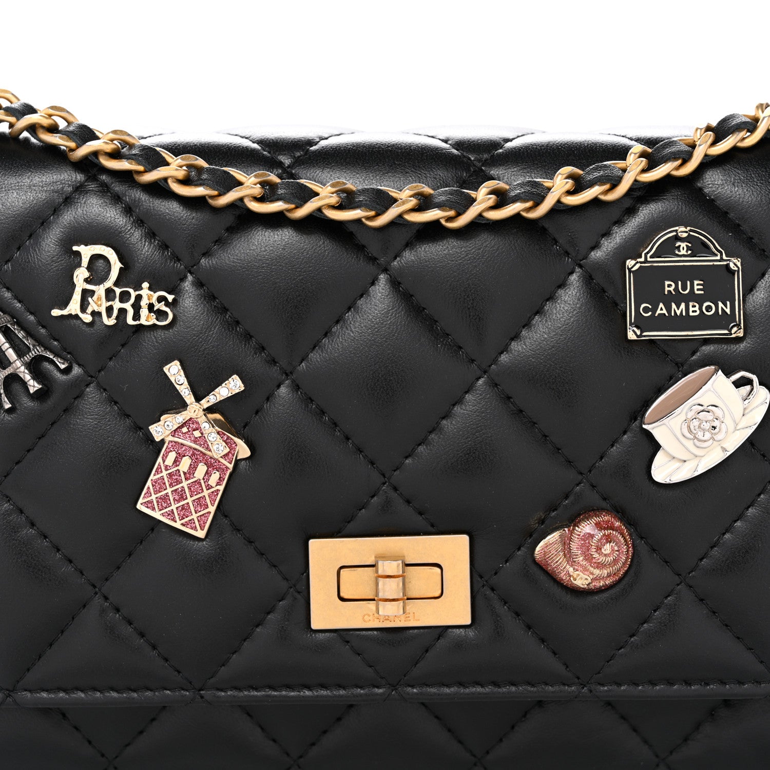 Chanel Aged Calfskin Quilted Lucky Charms 2.55 Reissue Wallet On Chain WOC Black 9 of 11