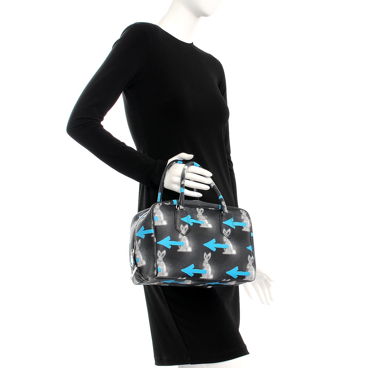 Prada Vitello Daino Rabbit Print Inside Bag Black Azzurro 3 of 7