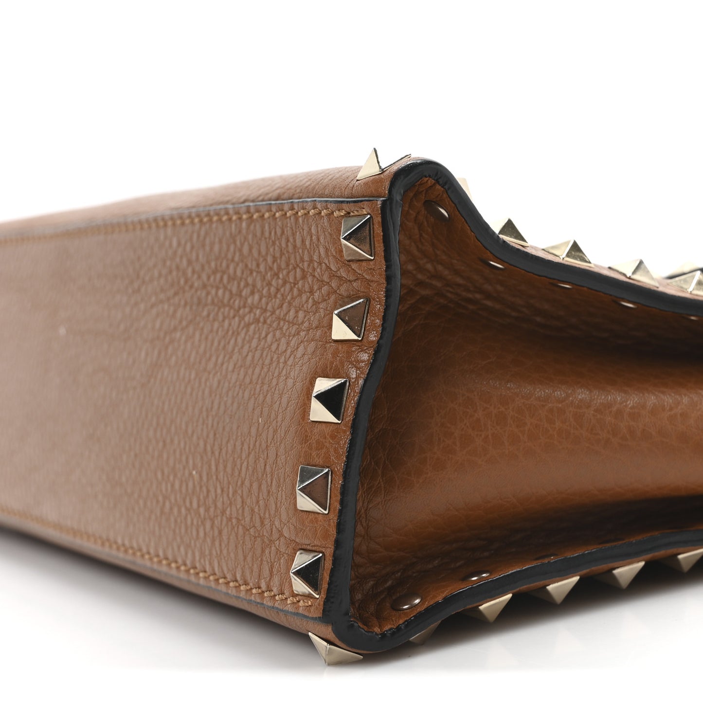 Pebbled Calfskin Medium Rockstud Top Handle Shoulder Bag Cognac