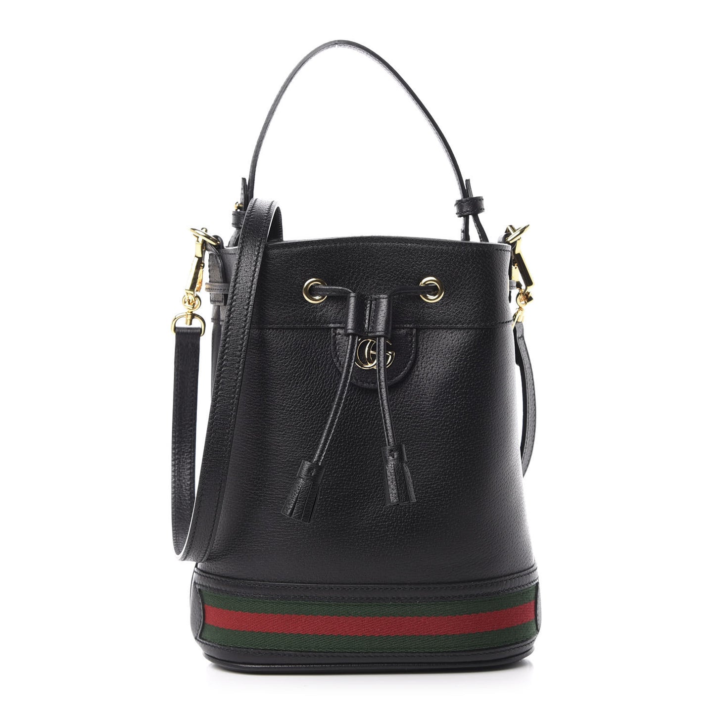 Glazed Textured Calfskin Web Small Ophidia Bucket Bag Black