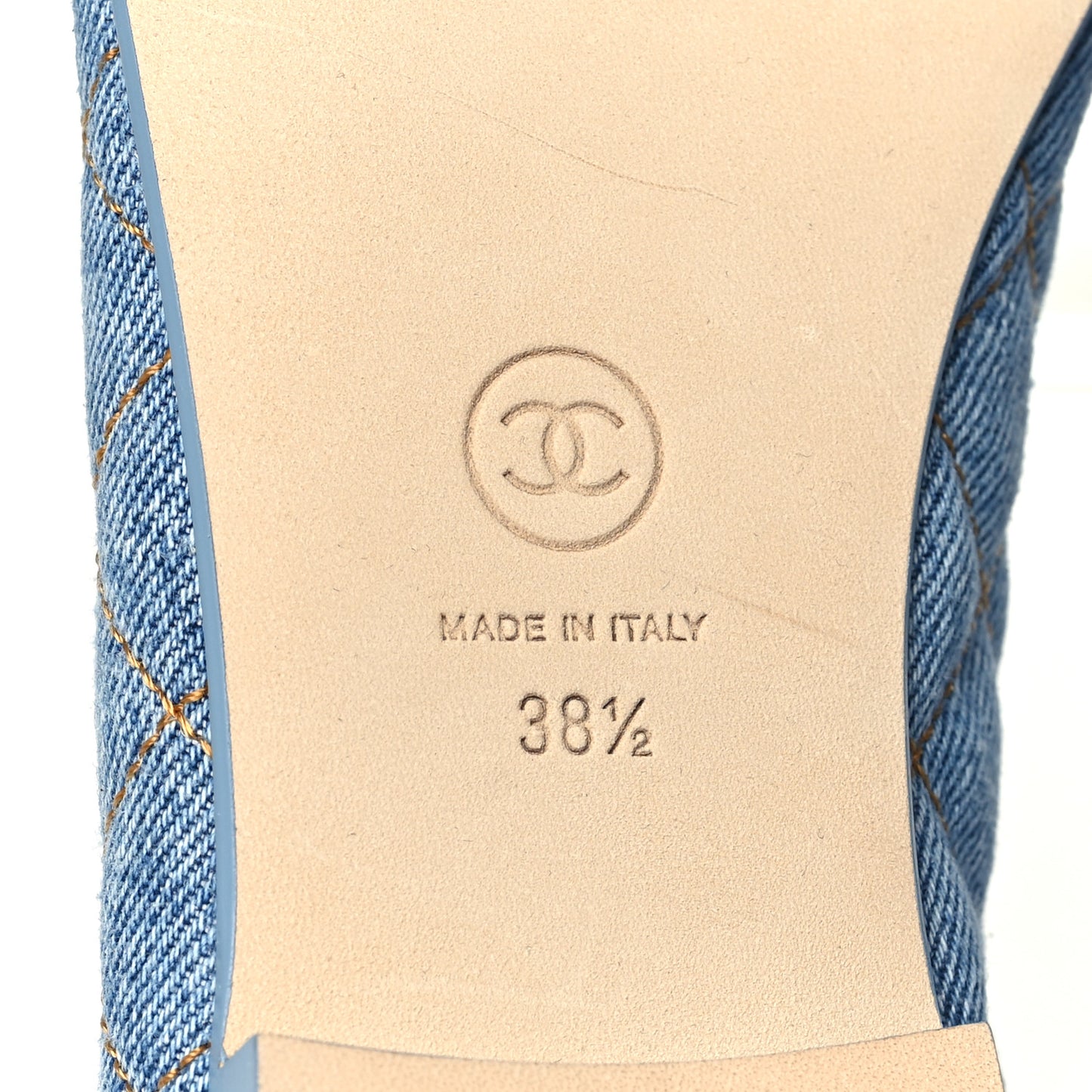 Washed Denim Quilted Cap Toe CC Ballerina Flats 38.5 Light Blue