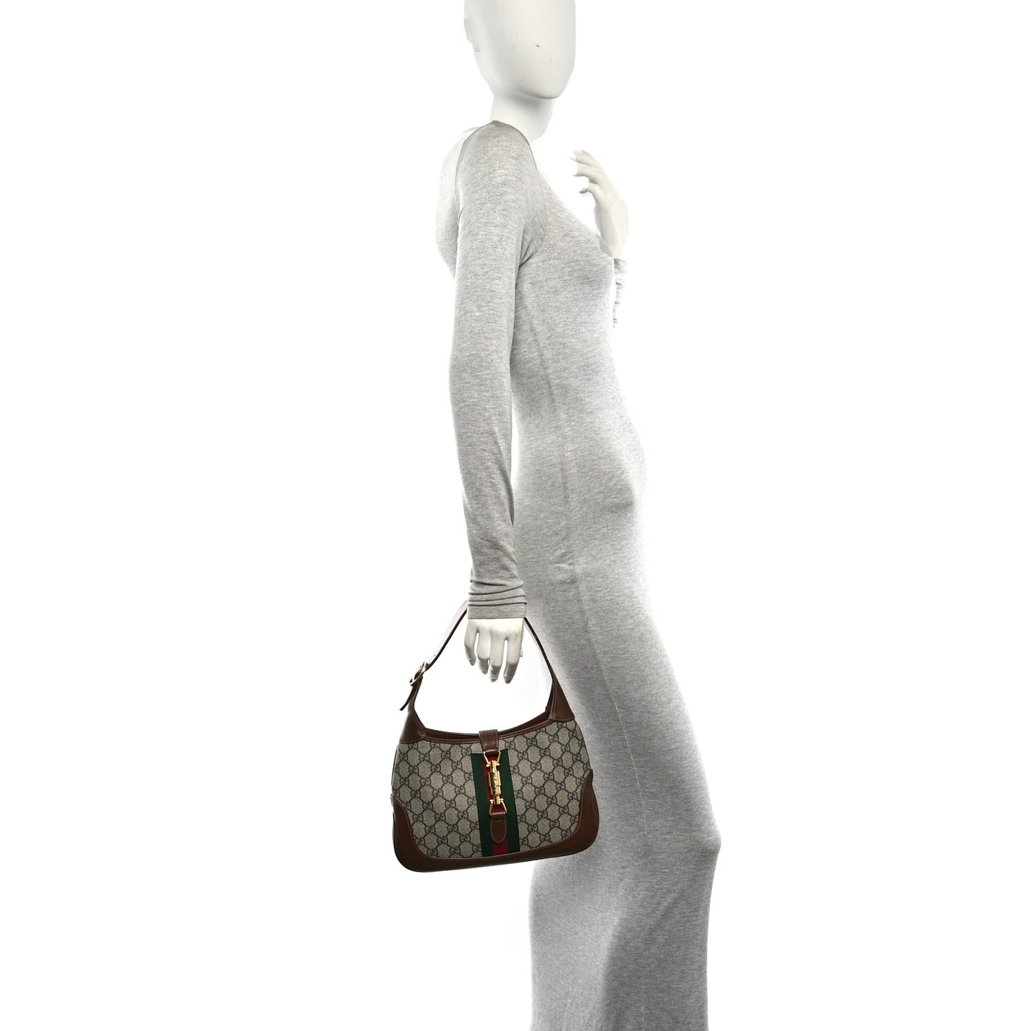 GG Supreme Monogram Azalea Calfskin Web Small Jackie 1961 Hobo Beige Ebony Brown Sugar