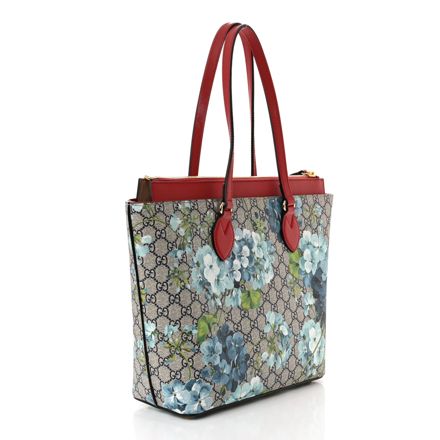 Gucci GG Supreme Monogram Blooms Medium Zippered Bucket Tote Beige Blue Navy Hibiscus Red 3 of 13