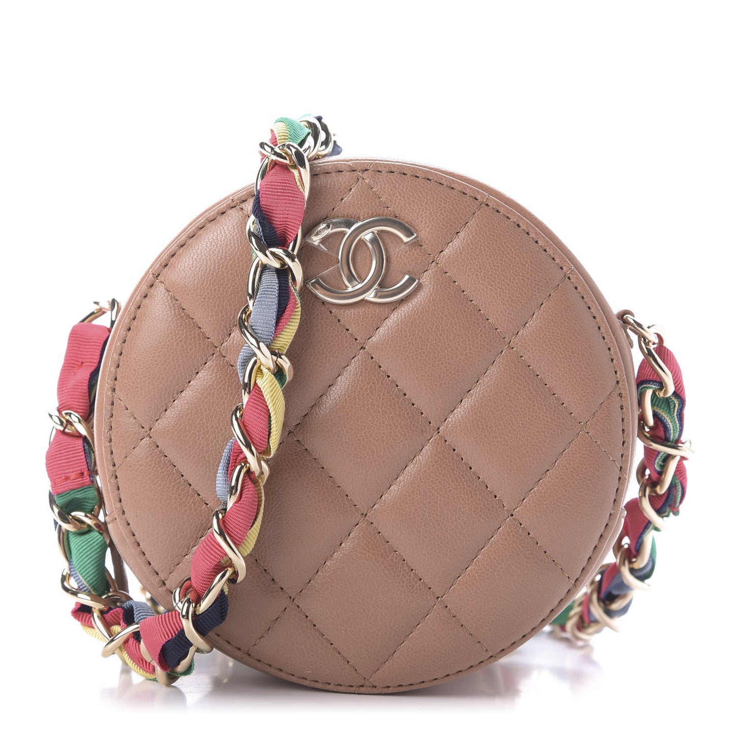 Shiny Lambskin Ribbon Quilted Round Clutch With Chain Brown