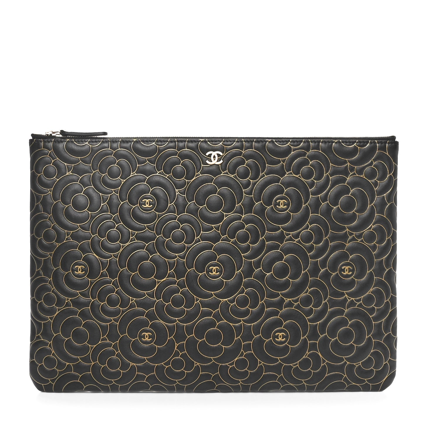 Lambskin Camellia Embossed Large Cosmetic Case Black Gold