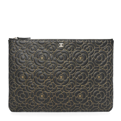 Chanel Lambskin Camellia Embossed Large Cosmetic Case Black Gold 1 of 7