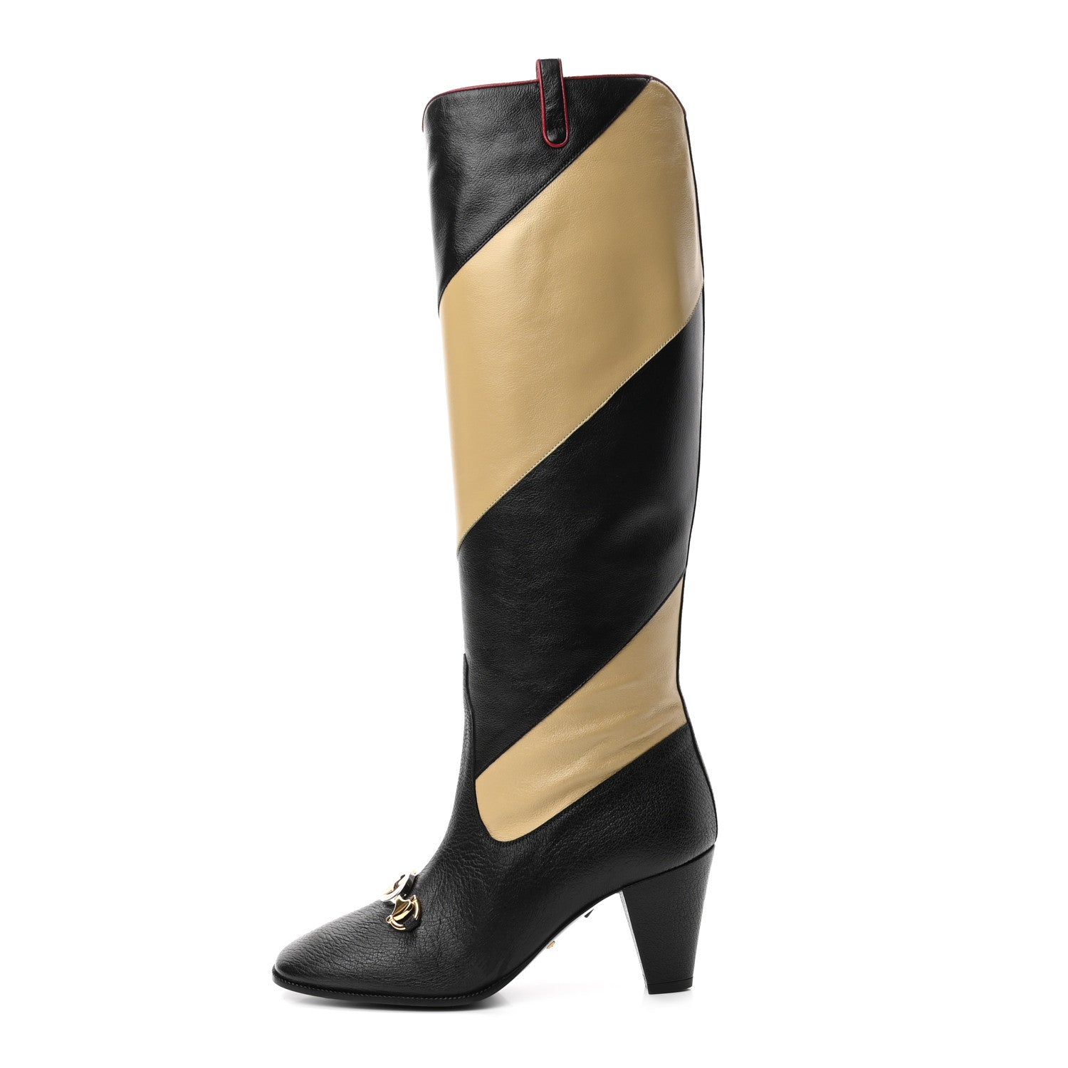 Gucci Calfskin Wrinkled Kid Diagonal Striped Zumi Knee Boots 37 Black Beige Romantic Cherry 1 of 10