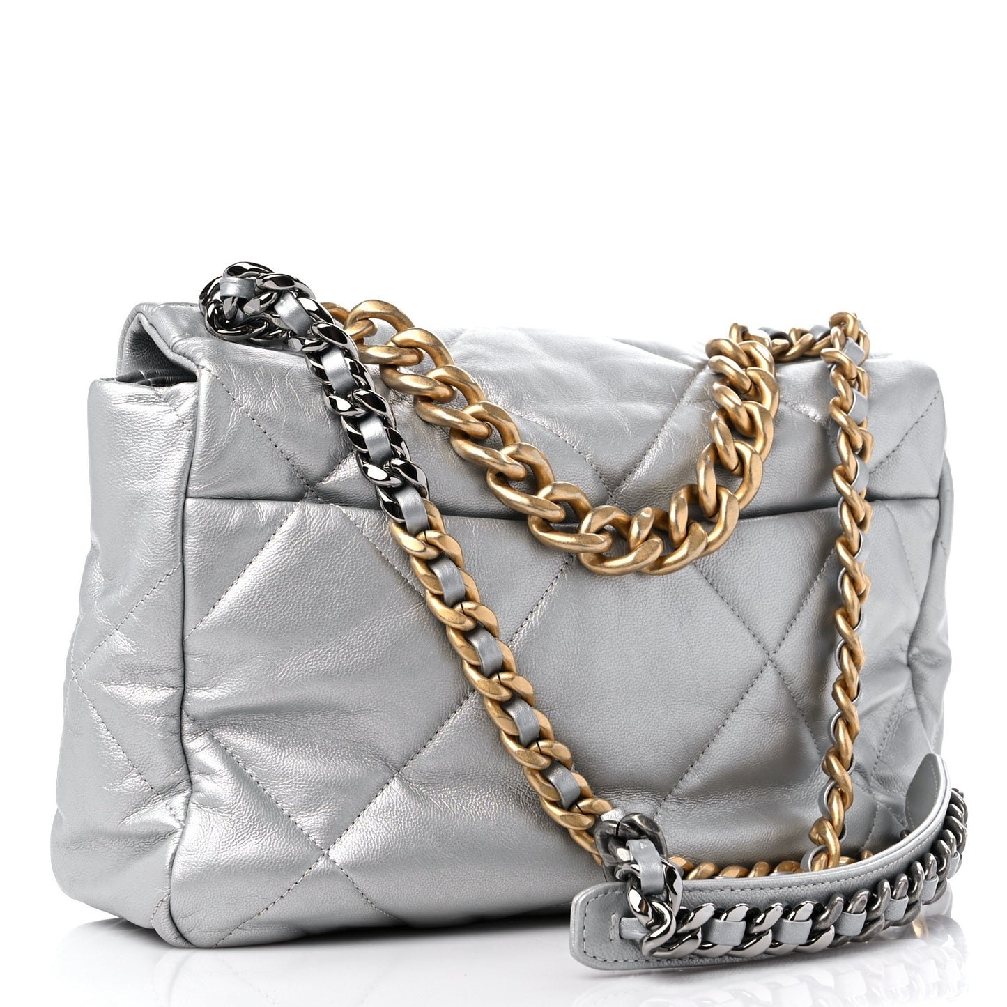 Metallic Goatskin Quilted Large Chanel 19 Flap Silver