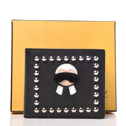 Fendi Vitello Elite Flamingo Mink Karlito Studded Bi-Fold Wallet Black White Plaster 9 of 9
