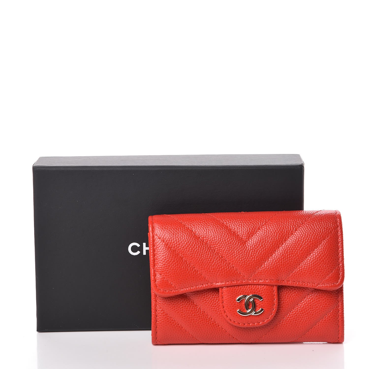 Chanel Caviar Chevron Quilted Card Holder Wallet Red 9 of 9