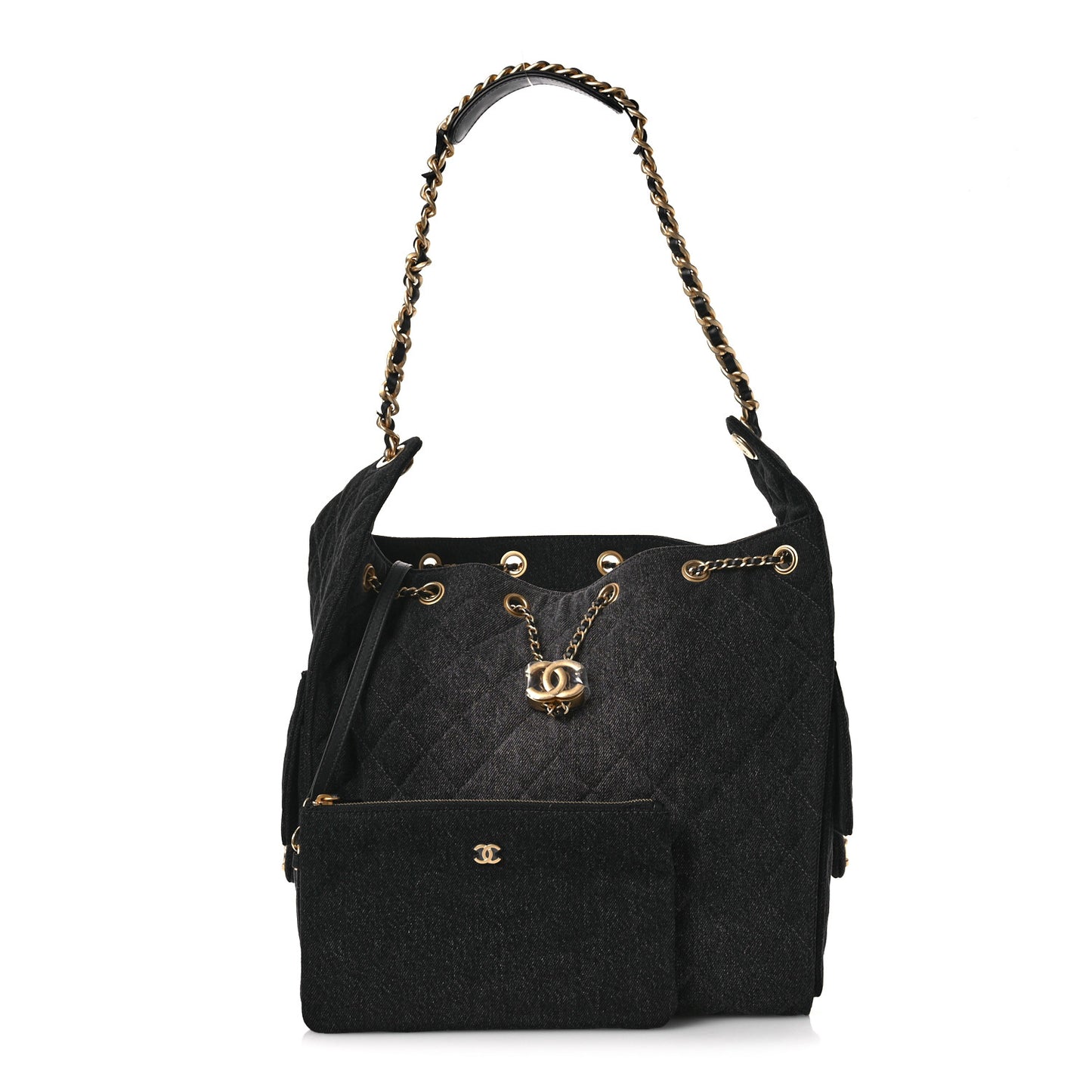 Washed Denim Quilted Medium Chanel 25 Handbag Black