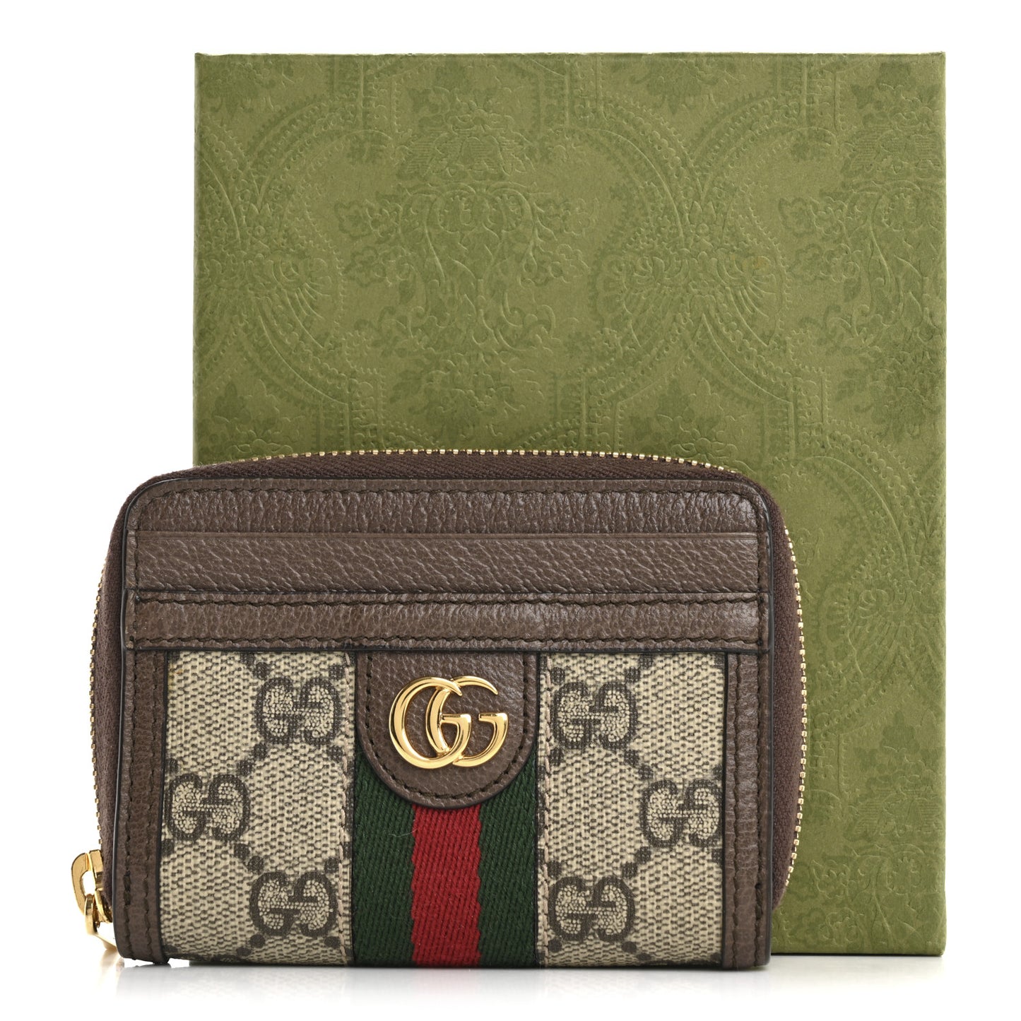 GG Supreme Monogram Textured Dollar Calfskin Web Ophidia Zip Around Card Case Wallet Beige Ebony New Acero