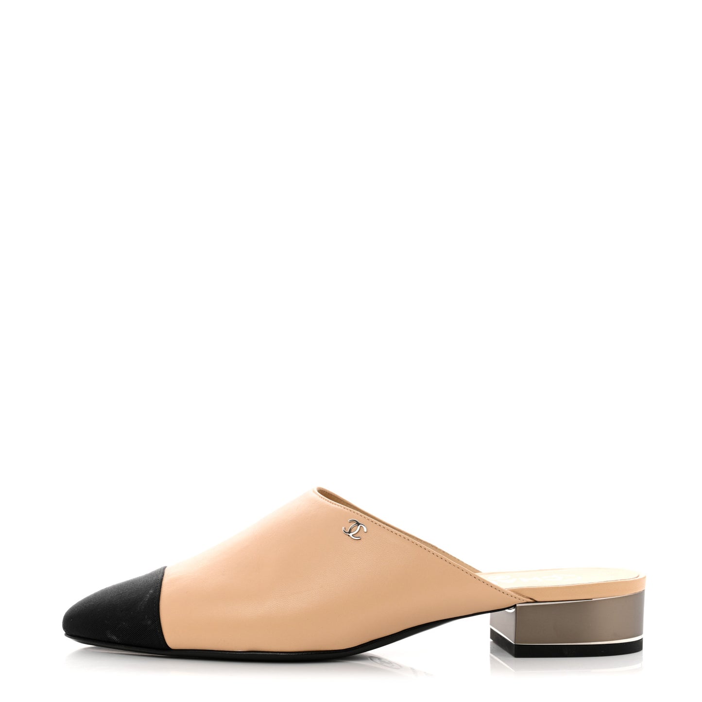 Lambskin Grosgrain Cap Toe CC Mules 38.5 Beige Black