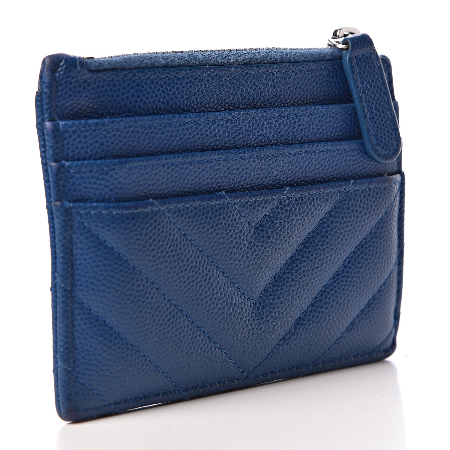 Chanel Caviar Chevron Quilted CC Zip Card Holder Blue 3 of 12