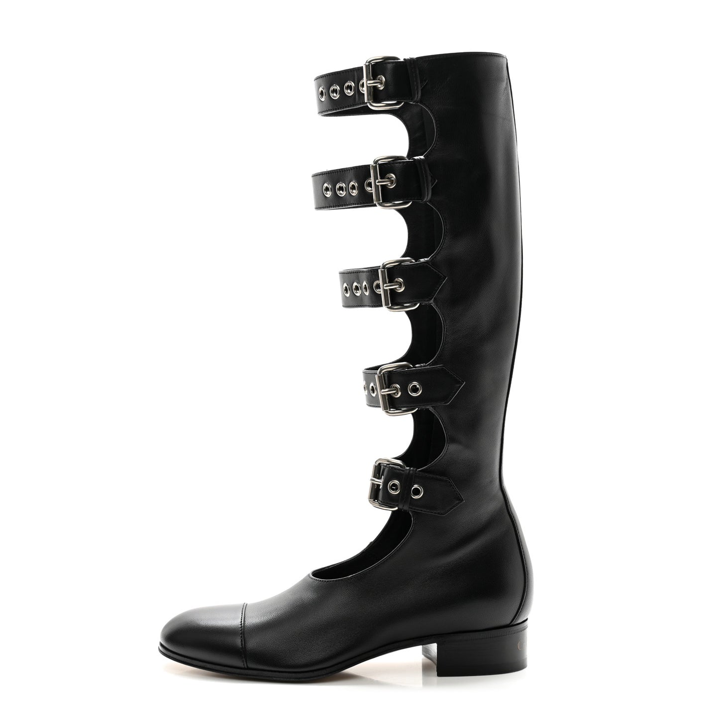 Calfskin Pin Buckle Knee High Boots 37 Black