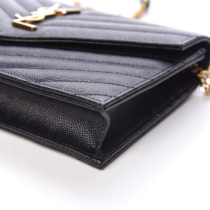 Saint Laurent Grain De Poudre Matelasse Chevron Monogram Envelope Chain Wallet Black 9 of 10
