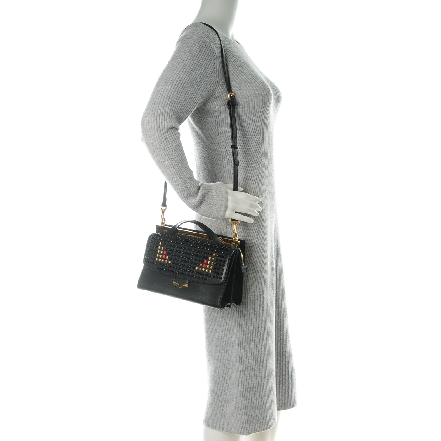 Fendi Vitello Elite Studded Monster Mini Demi Jour Shoulder Bag Black 2 of 8