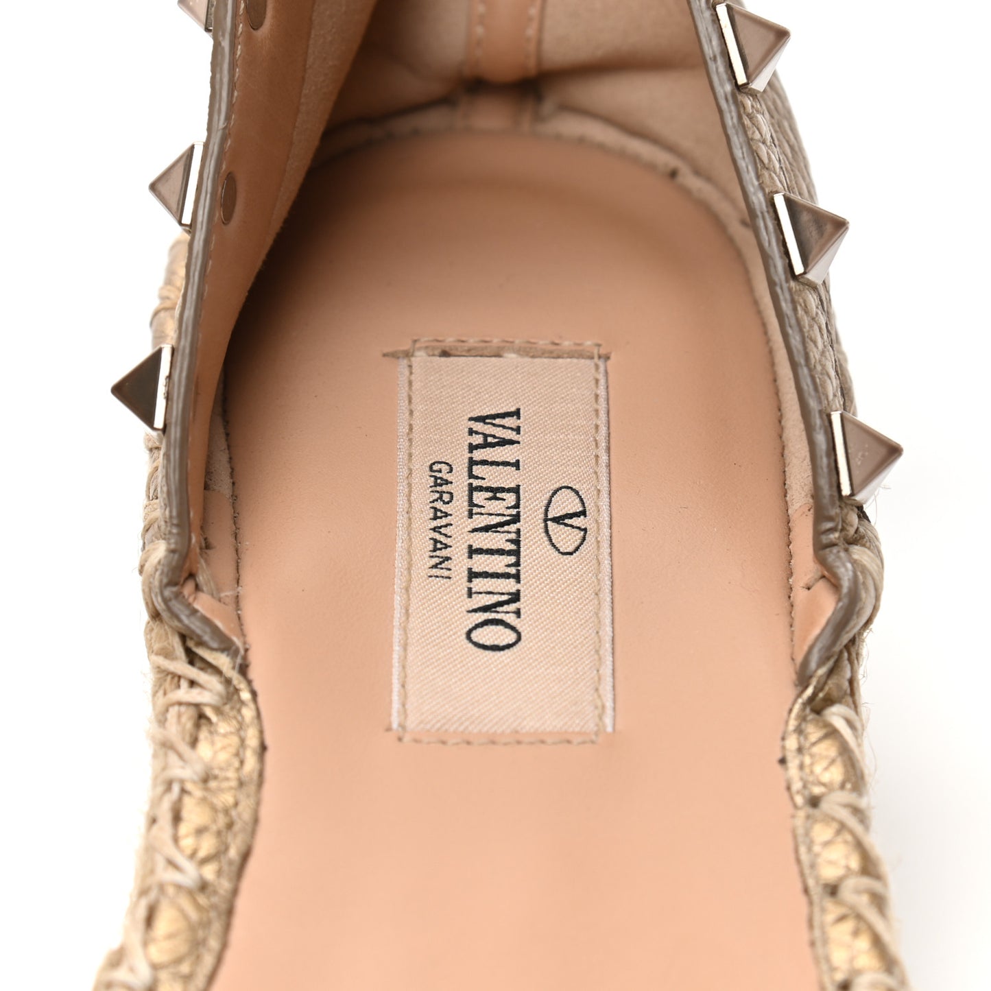 Metallic Grained Calfskin Rockstud Ankle Wrap Espadrille Flatform Sandals 38 Skin Natural