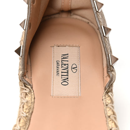 Valentino Garavani Metallic Grained Calfskin Rockstud Ankle Wrap Espadrille Flatform Sandals 38 Skin Natural 7 of 8