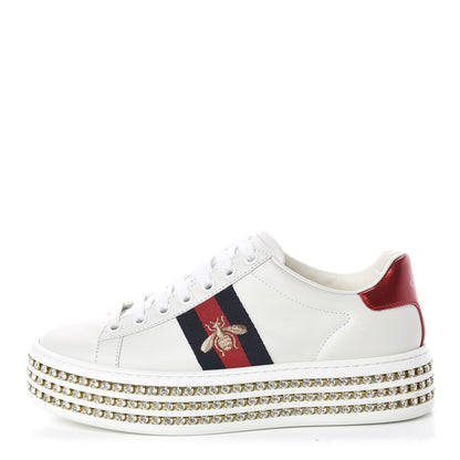 Gucci Calfskin Crystal Web Bee Embroidered Ace Platform Sneakers 34.5 White 1 of 9