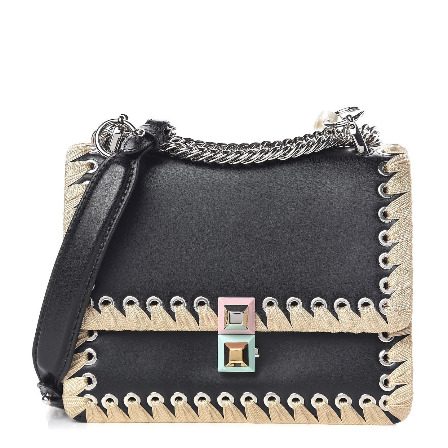 Vitello Liberty Lucido Ribbon Lace Up Studded Small Kan I Shoulder Bag Black Crema