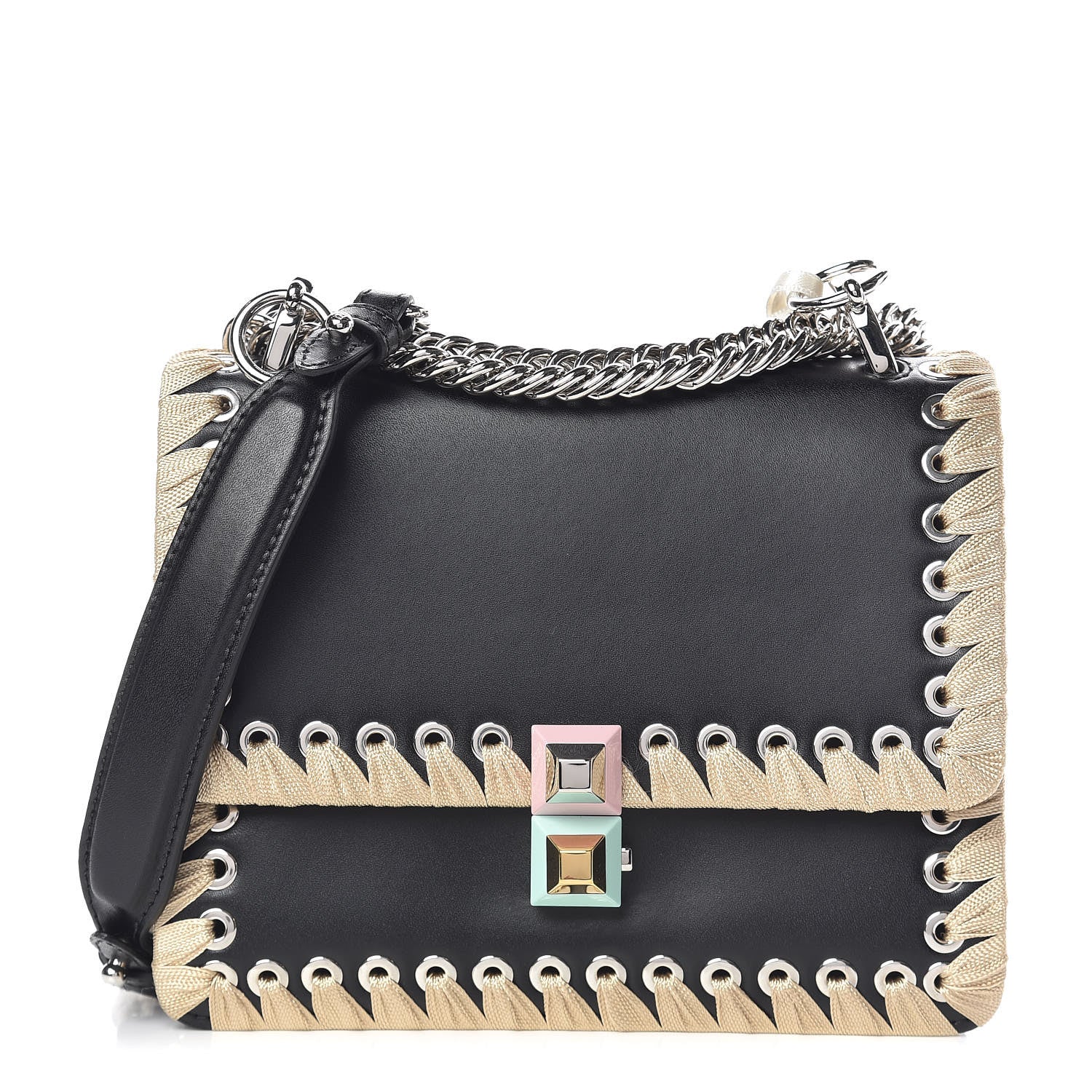 Fendi Vitello Liberty Lucido Ribbon Lace Up Studded Small Kan I Shoulder Bag Black Crema 1 of 9
