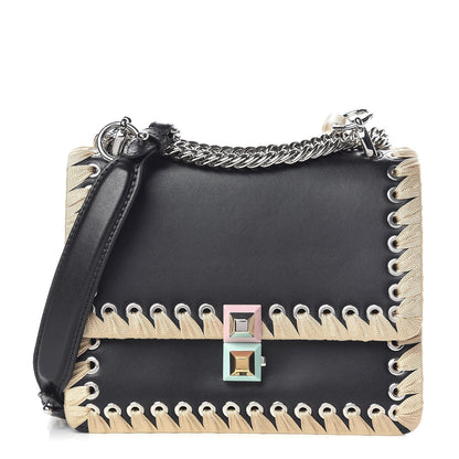 Fendi Vitello Liberty Lucido Ribbon Lace Up Studded Small Kan I Shoulder Bag Black Crema 1 of 9