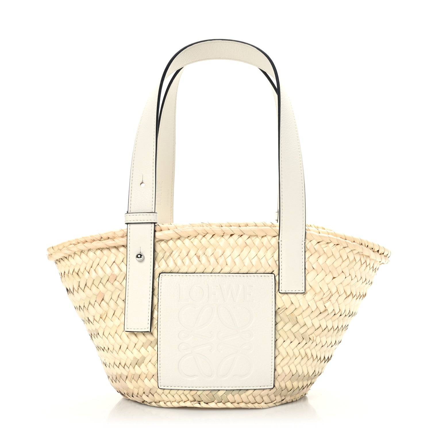 LOEWE Raffia Small Basket Tote Bag in the colors Natural and White by FASHIONPHILE
