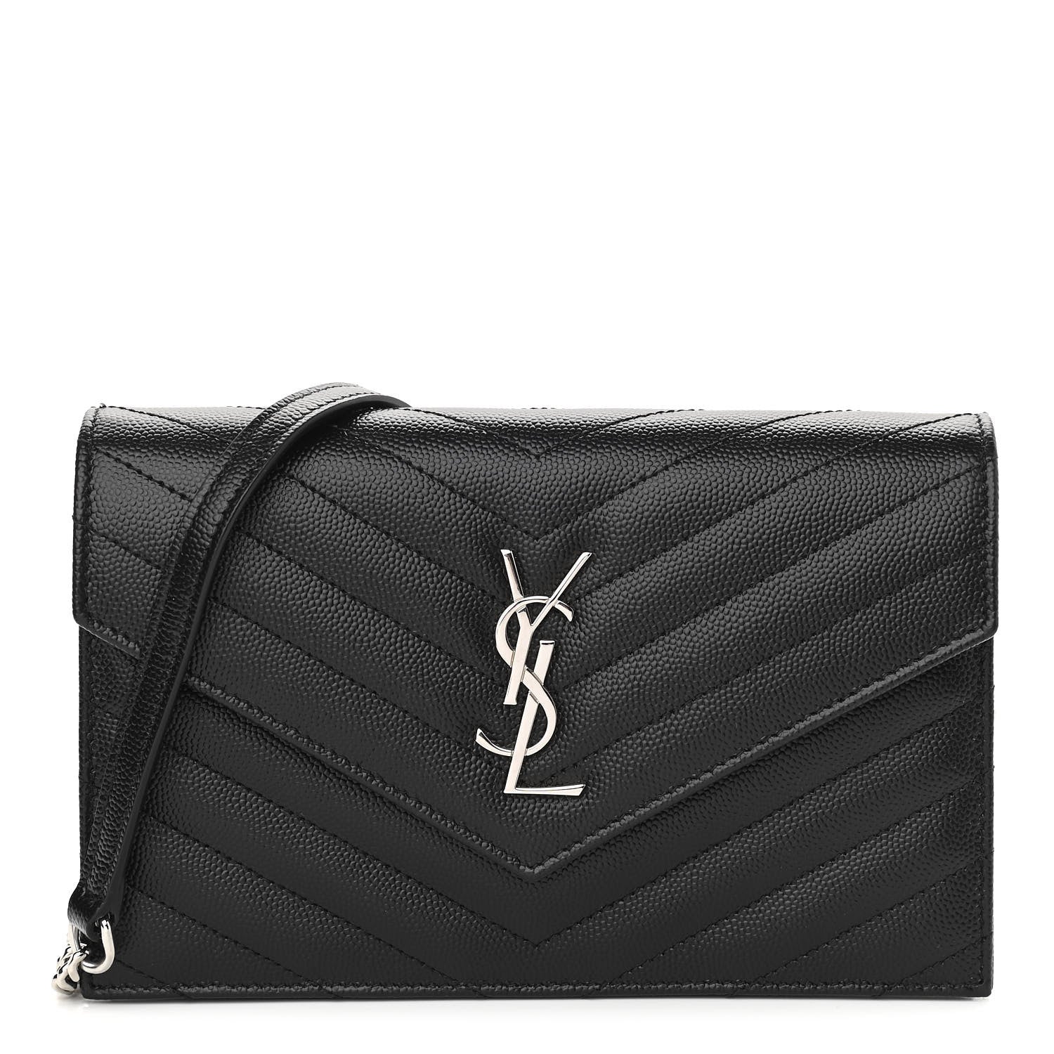 Saint Laurent Grain De Poudre Matelasse Chevron Monogram Envelope Chain Wallet Black 1 of 9