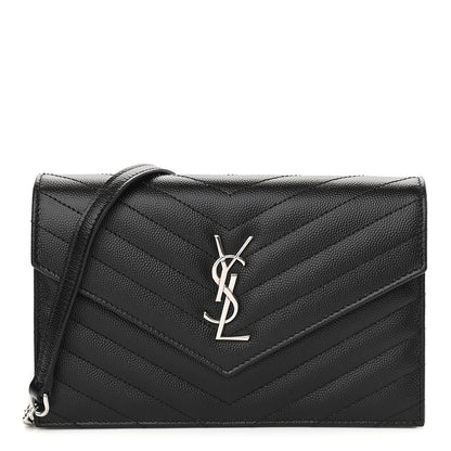 Saint Laurent Grain De Poudre Matelasse Chevron Monogram Envelope Chain Wallet Black 1 of 9