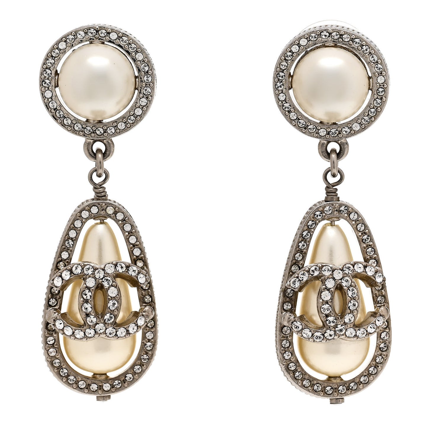 Metal Crystal Pearl CC Drop Earrings Silver