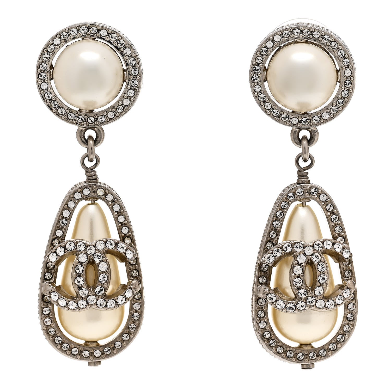 Chanel Metal Crystal Pearl CC Drop Earrings Silver 1 of 4