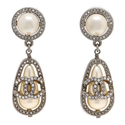 Chanel Metal Crystal Pearl CC Drop Earrings Silver 1 of 4